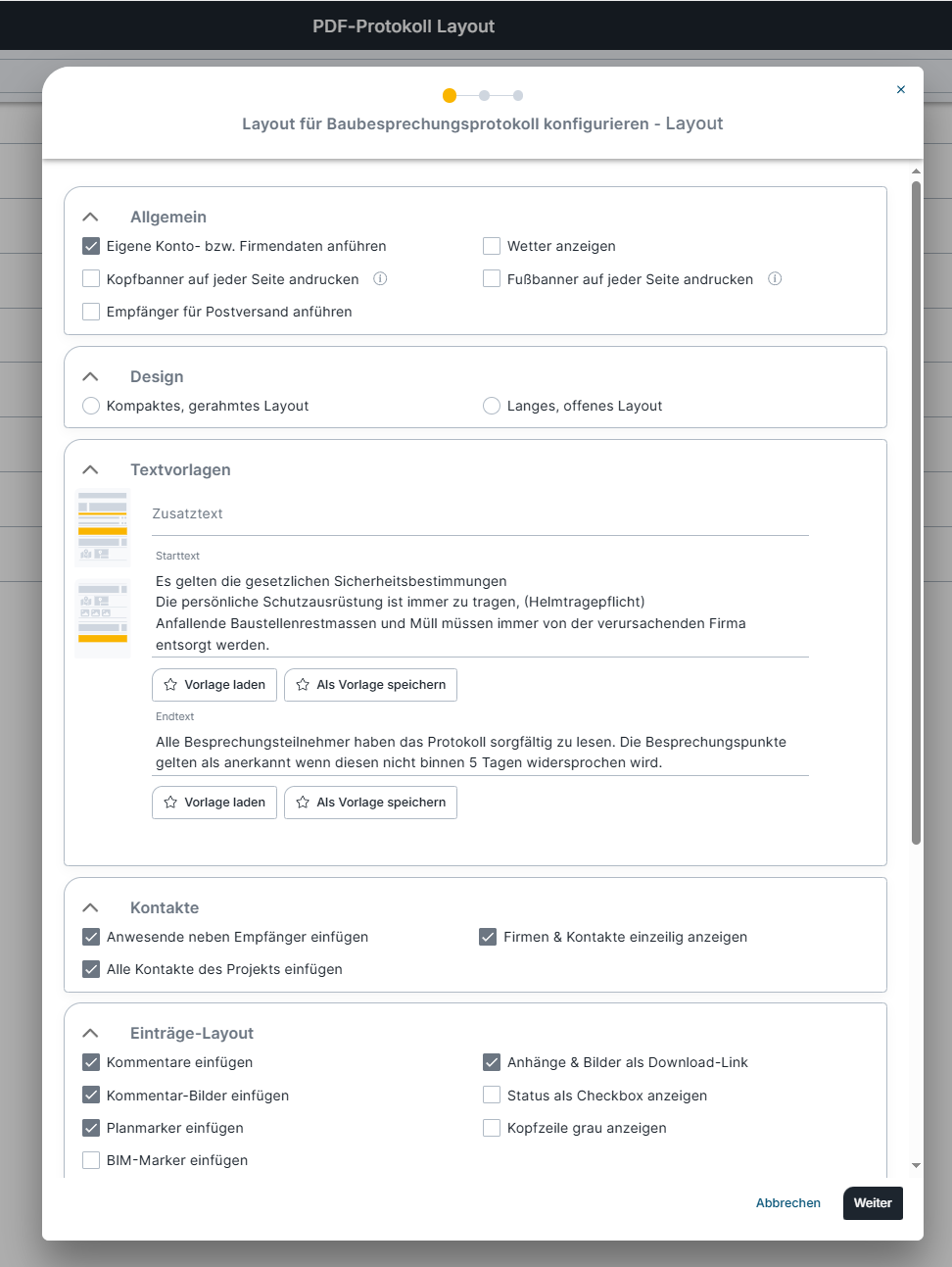 Man sieht ein geöffnetes Modal in der BauMaster App mit Einstellungsmöglichkeiten für's Layout.