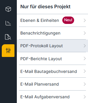 PDF-Protokoll Layout Einstellungsmöglichkeit in Baumaster. Screenshot vom seitlichen Menü.