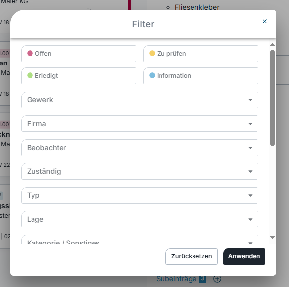 Screenshot der Filtereinstellungen in BauMaster